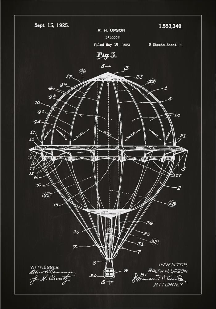 Desenho de patentes - Balão de ar quente - Preto Póster