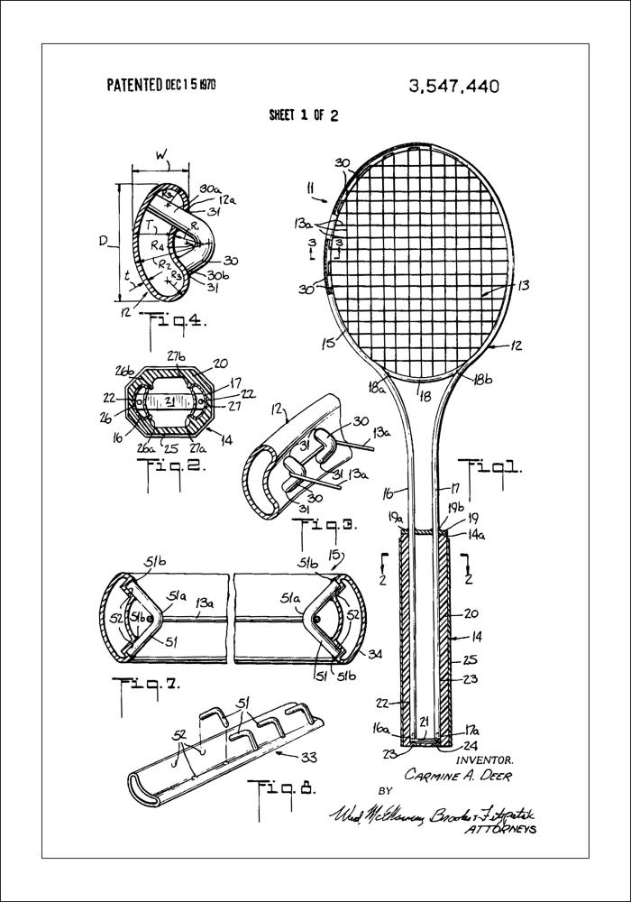 Patent Print - Tennis Racket - White Póster