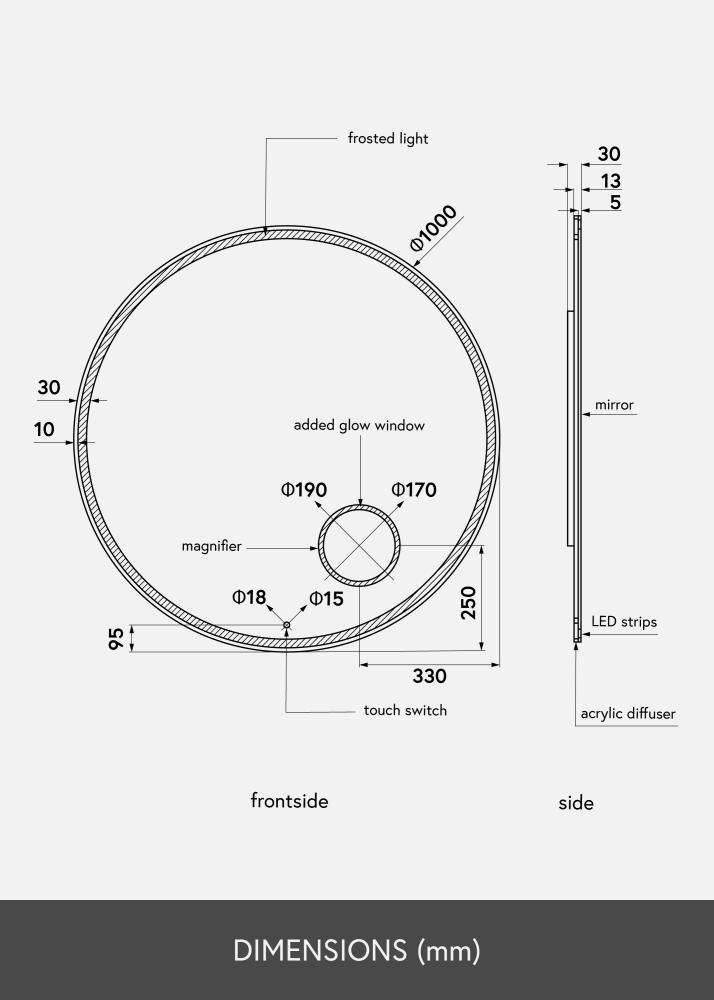 KAILA Espelho Circular Magnifying LED 100 cm Ø