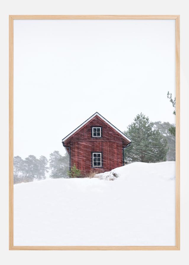 Old red house during snowstorm Póster