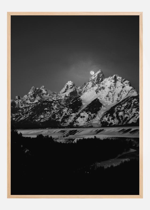 Full Moon Sets in the Teton Mountain Range Póster