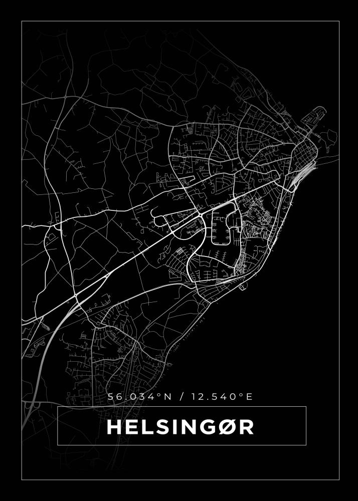 Mapa - Helsingør - Cartaz Preto