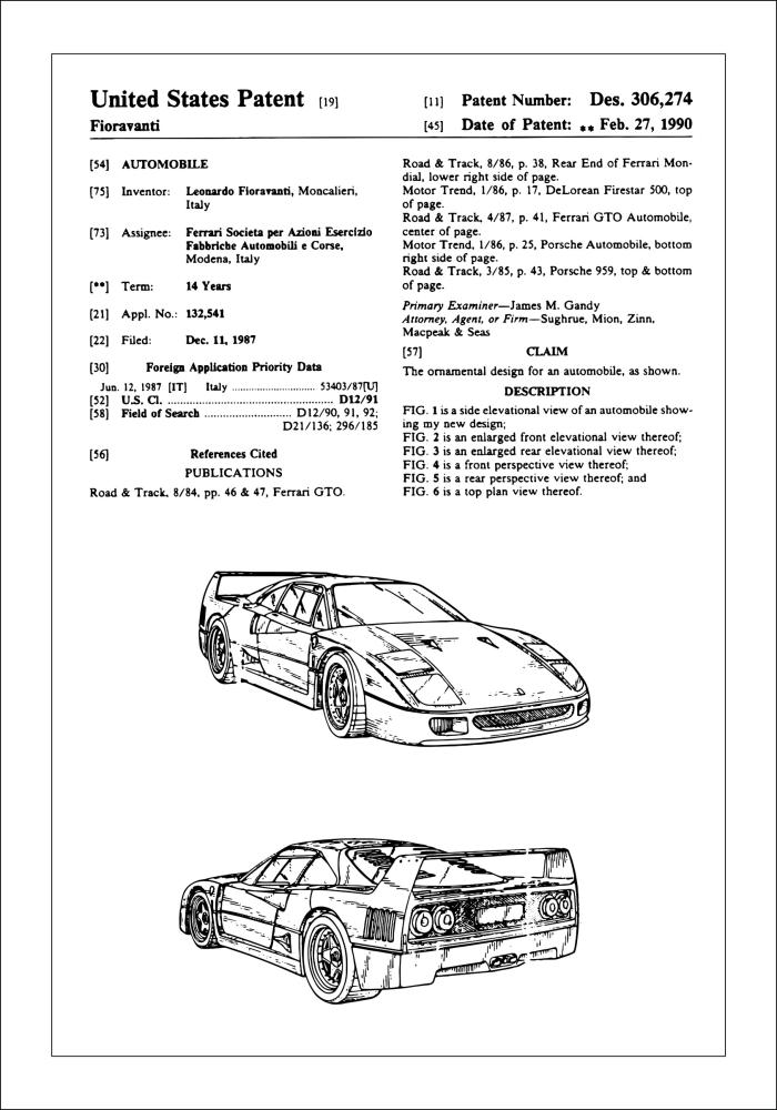 Desenho de patentes - Ferrari F40 I Póster