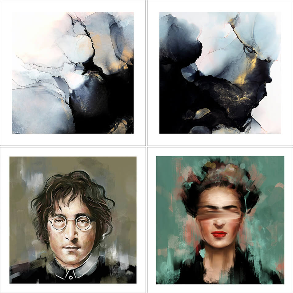 Posters med abstrakta mönster - posters med porträtt av Lennon och Kahlo