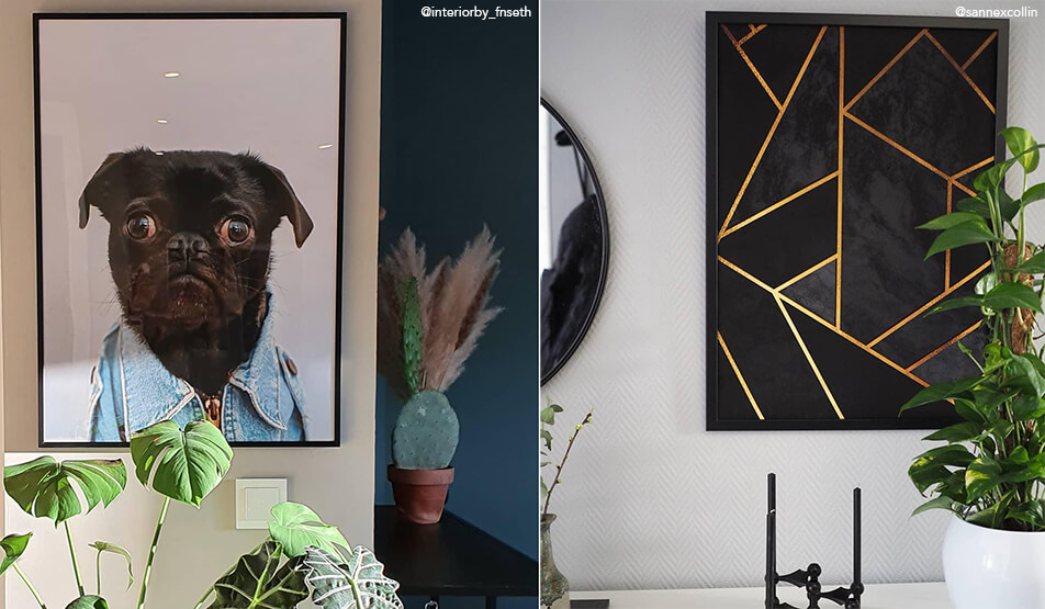 Hallinredning - poster med hund och svart poster med guldlinjer