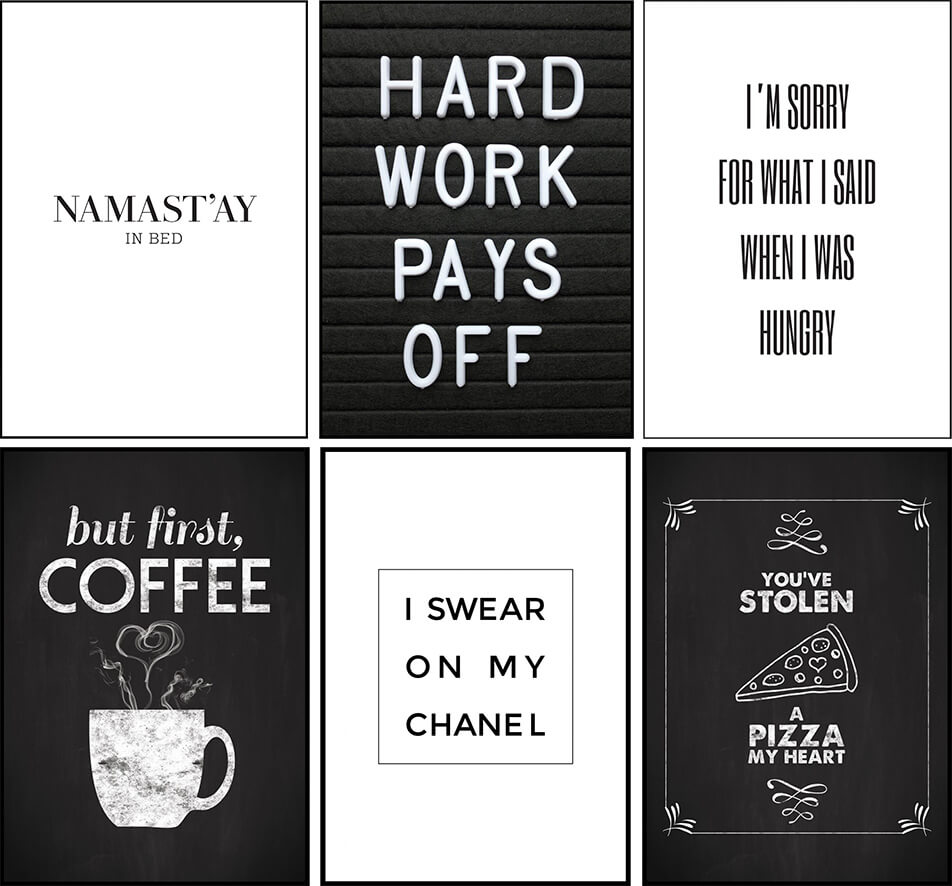 Svartvita posters med text och citat